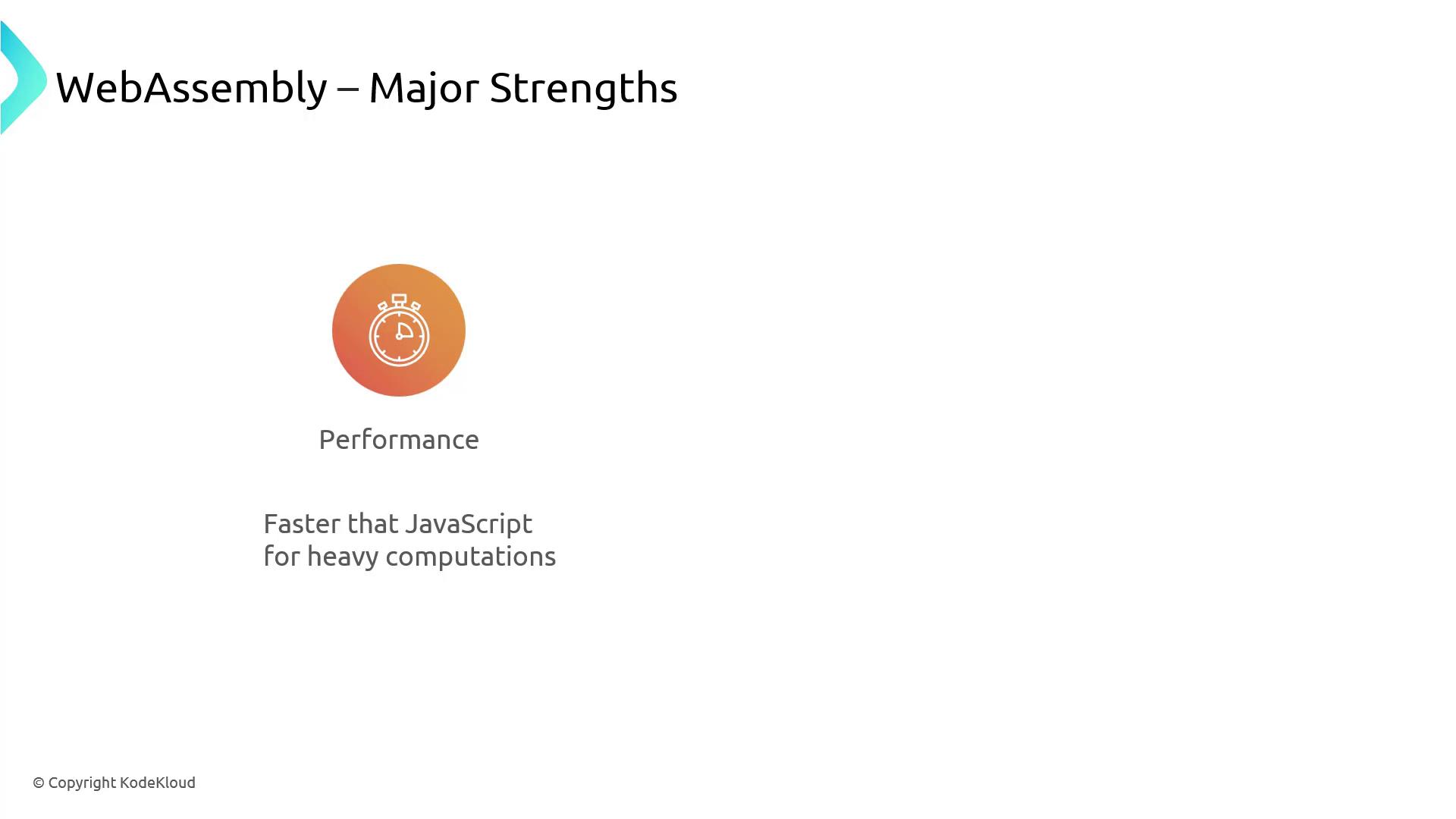 The image highlights WebAssembly's major strength in performance, noting it is faster than JavaScript for heavy computations.