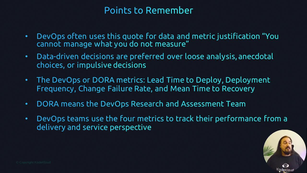 The image lists key DevOps points, emphasizing data-driven decisions and DORA metrics: Lead Time to Deploy, Deployment Frequency, Change Failure Rate, and Mean Time to Recovery.
