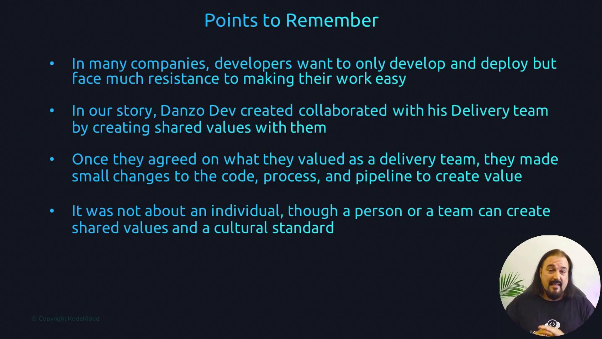 The image contains key points about developers collaborating with delivery teams to create shared values, emphasizing teamwork over individual efforts.
