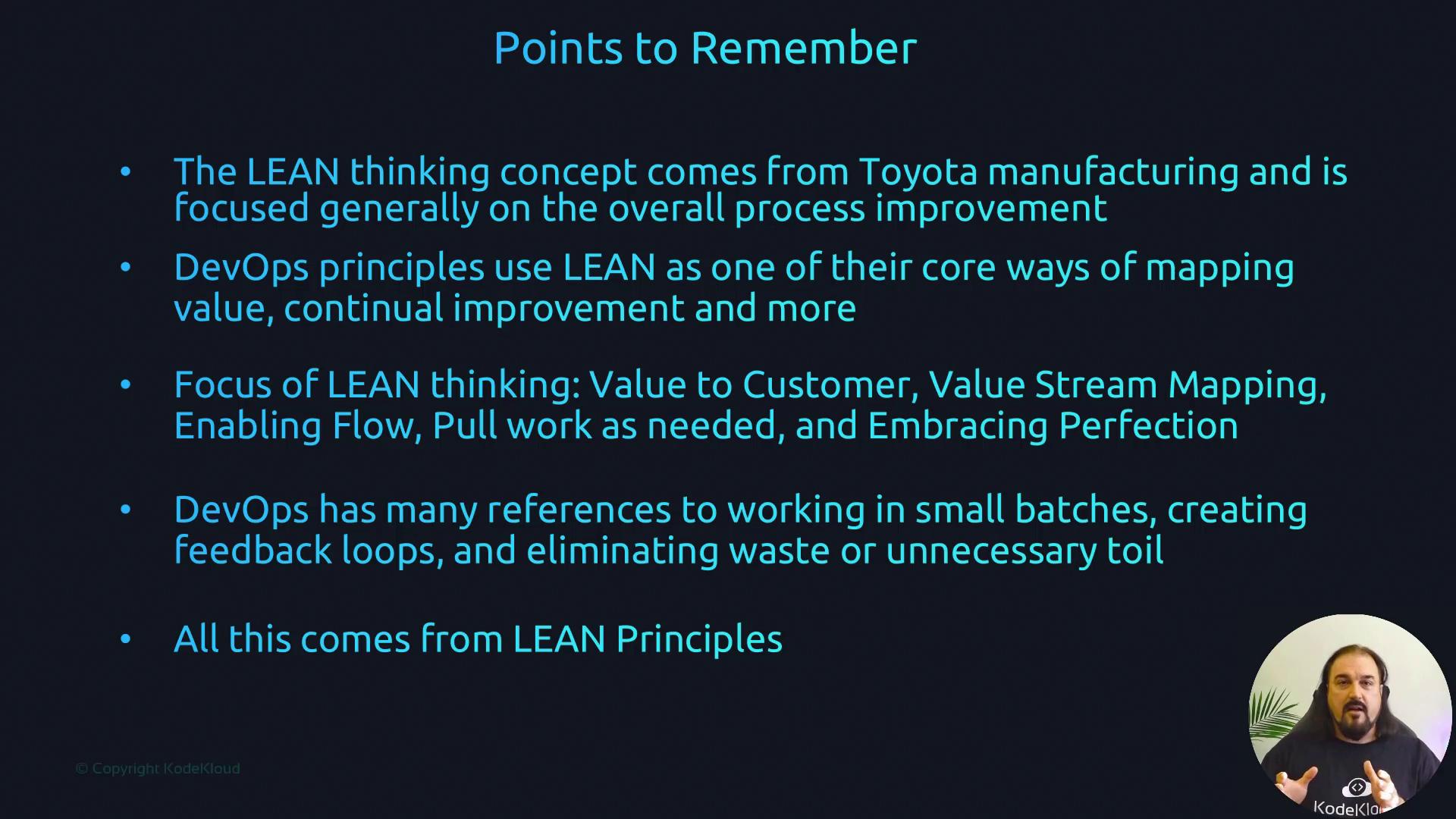The image outlines key points about LEAN thinking and DevOps, emphasizing process improvement, value mapping, and waste elimination, originating from Toyota manufacturing principles.