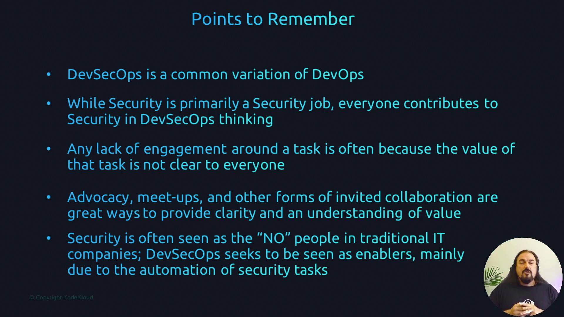 The image lists key points about DevSecOps, emphasizing collaboration, clarity, and automation in security tasks, with a small inset of a person speaking.