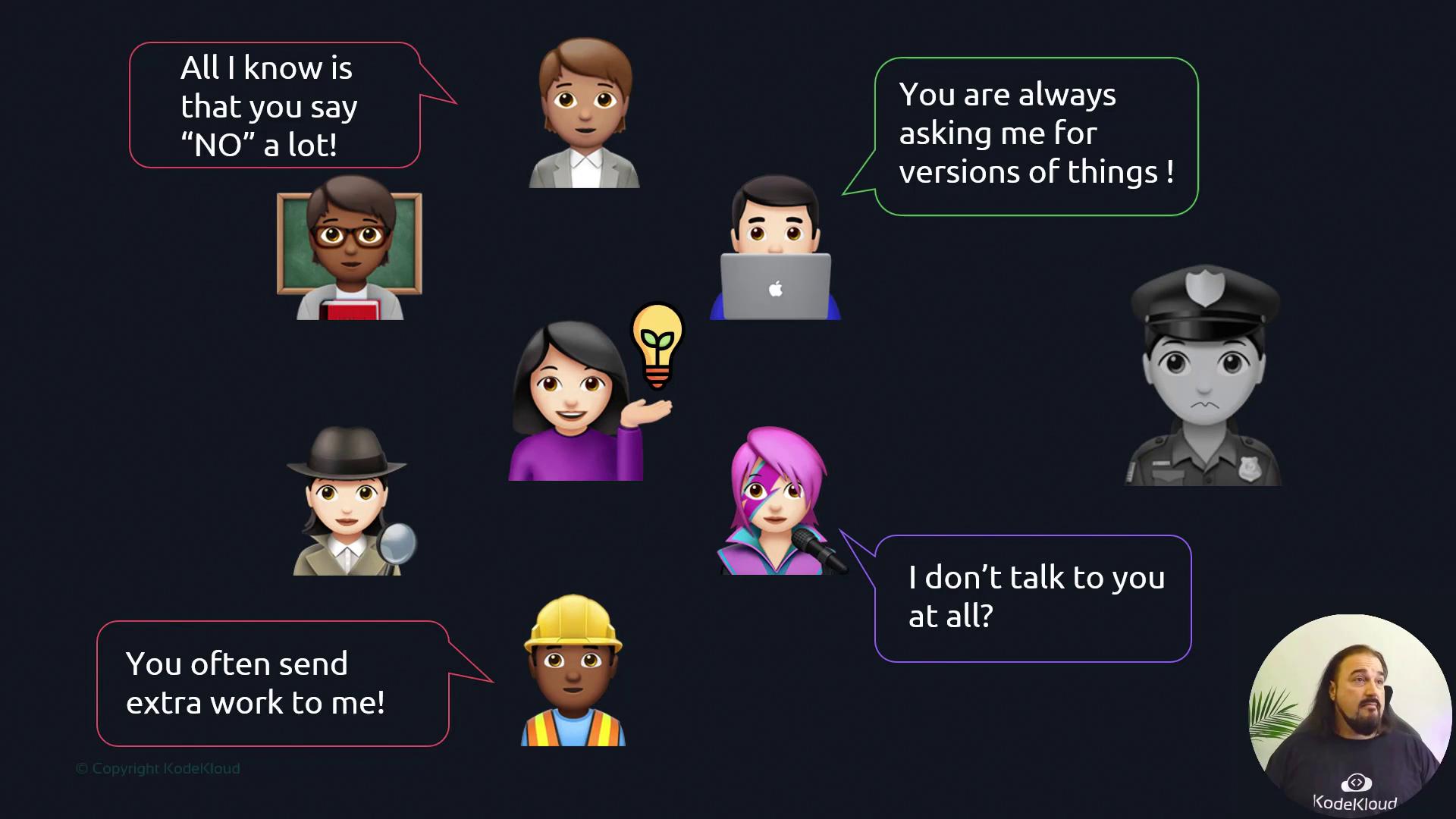 The image shows various emojis with speech bubbles expressing different complaints or observations, possibly about communication or work dynamics.