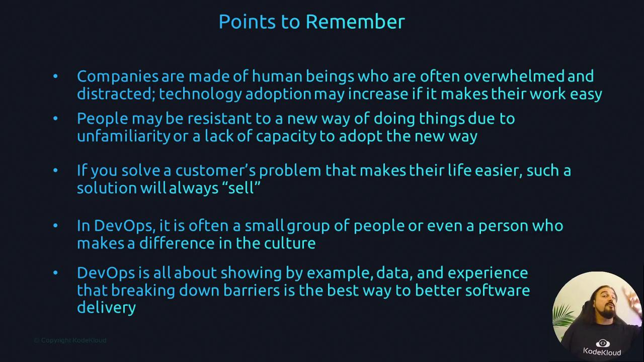 The image contains a slide titled "Points to Remember," discussing technology adoption, customer solutions, and DevOps culture, with a small inset of a person in the corner.