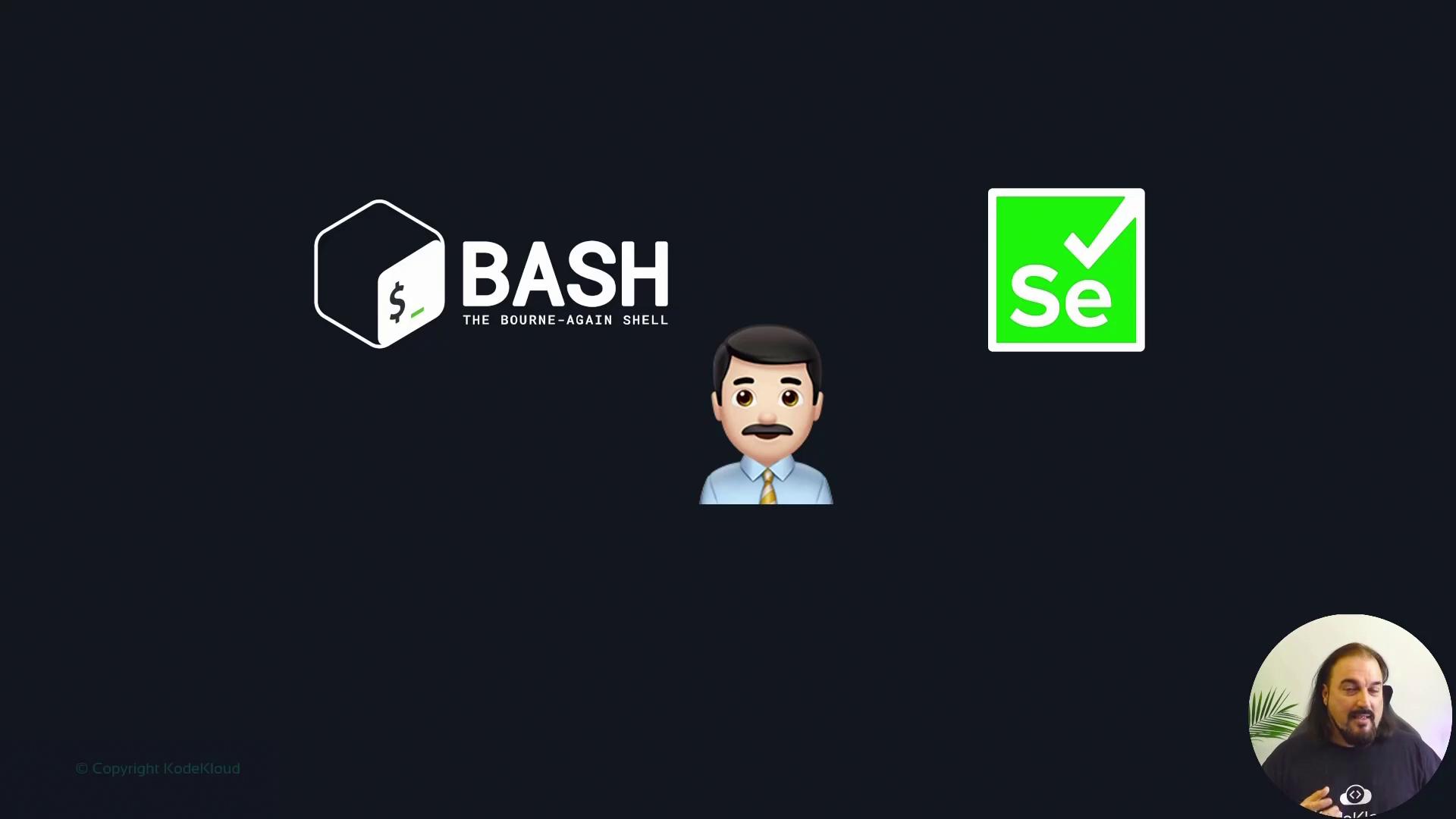 The image features logos for Bash and Selenium, an emoji of a man, and a person speaking in a video call.