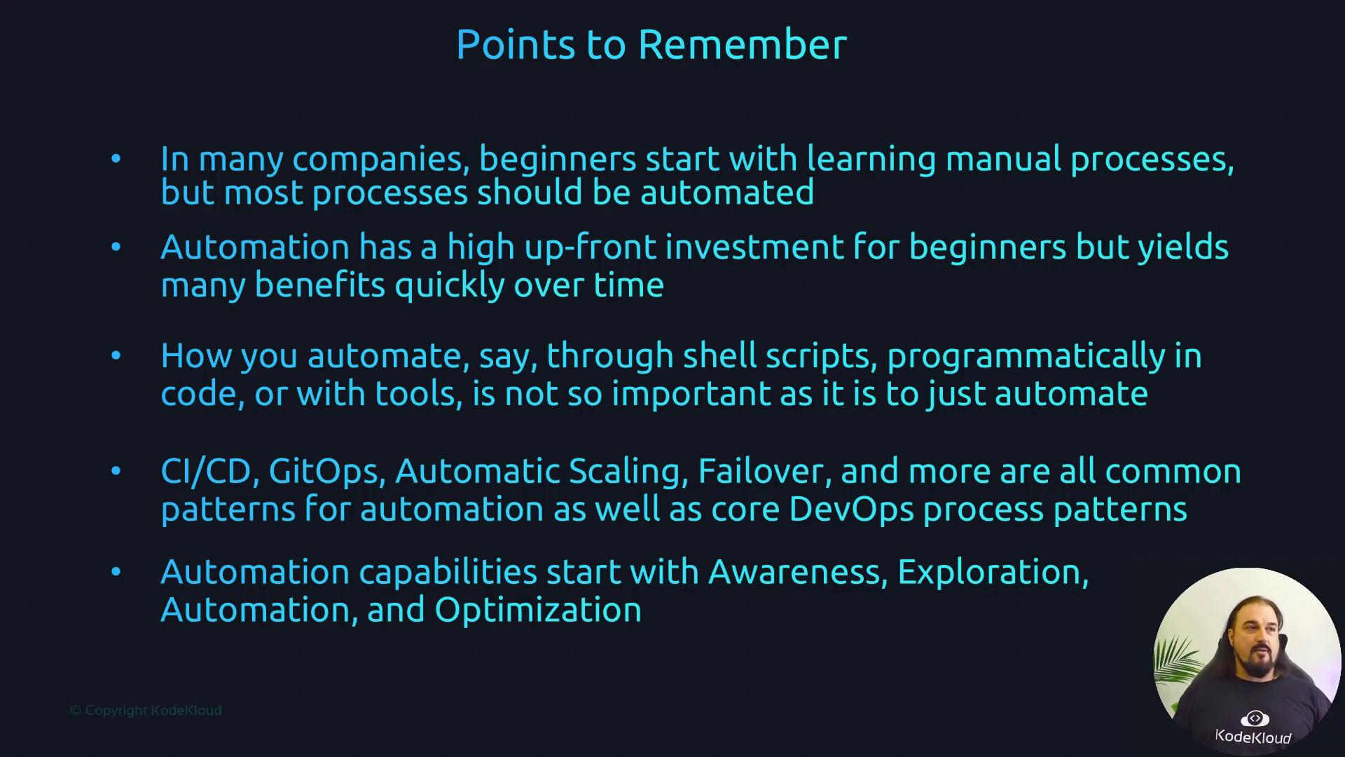The image lists key points about automation in companies, emphasizing its benefits, methods, and common patterns like CI/CD and GitOps, with a focus on awareness and optimization.