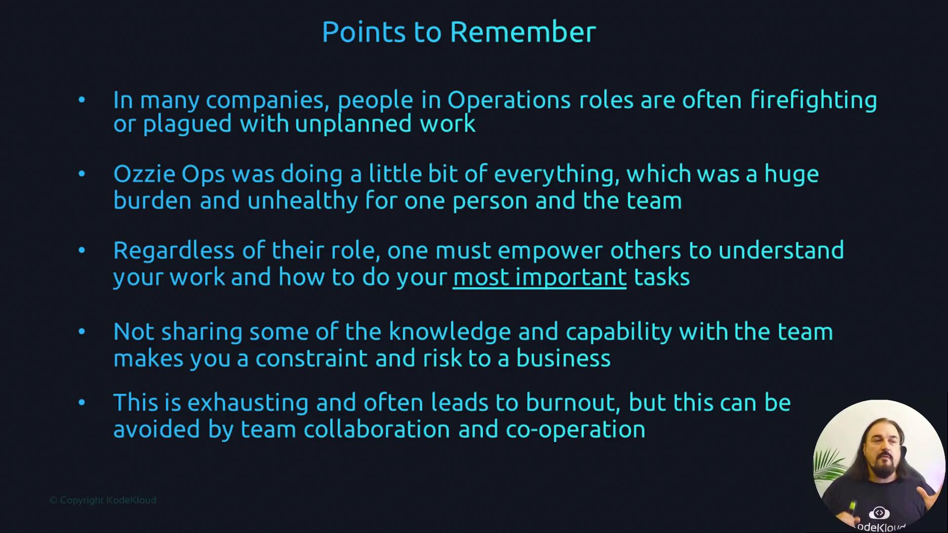 The image contains key points about operations roles, emphasizing the importance of task delegation, knowledge sharing, and team collaboration to prevent burnout.