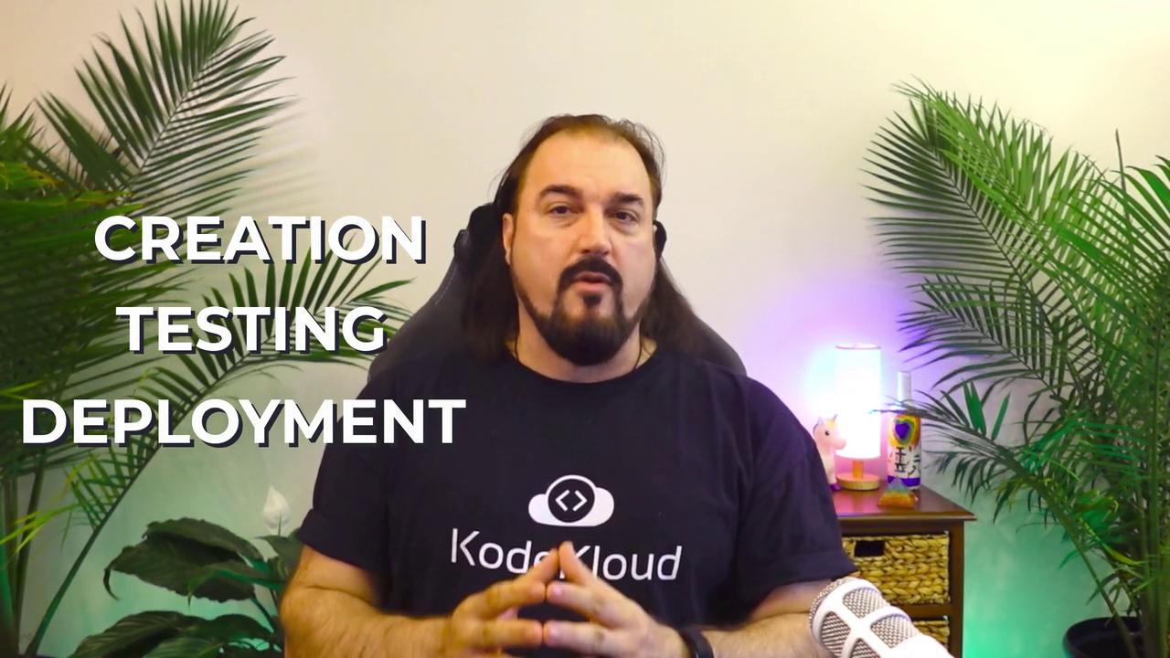 A person is speaking in front of a camera, surrounded by plants, with the words "CREATION TESTING DEPLOYMENT" displayed beside them.