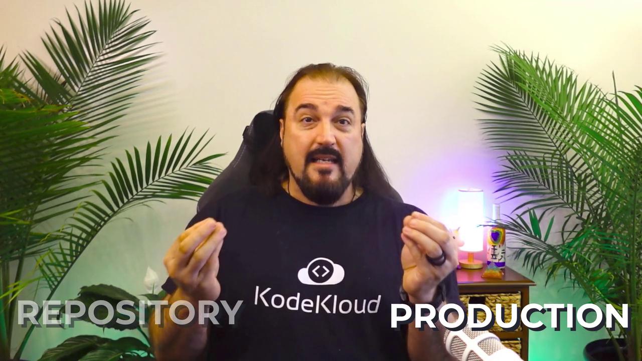 A person is speaking in a room with plants, wearing a "KodeKloud" shirt. The words "REPOSITORY" and "PRODUCTION" are displayed.