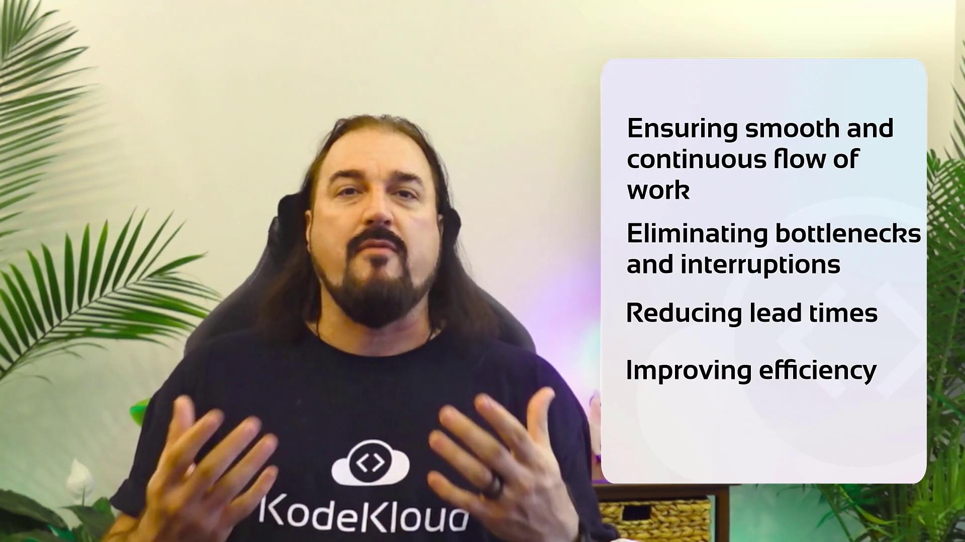 A person is speaking, wearing a "KodeKloud" shirt, with a list of productivity tips displayed beside them, including ensuring smooth workflow and improving efficiency.