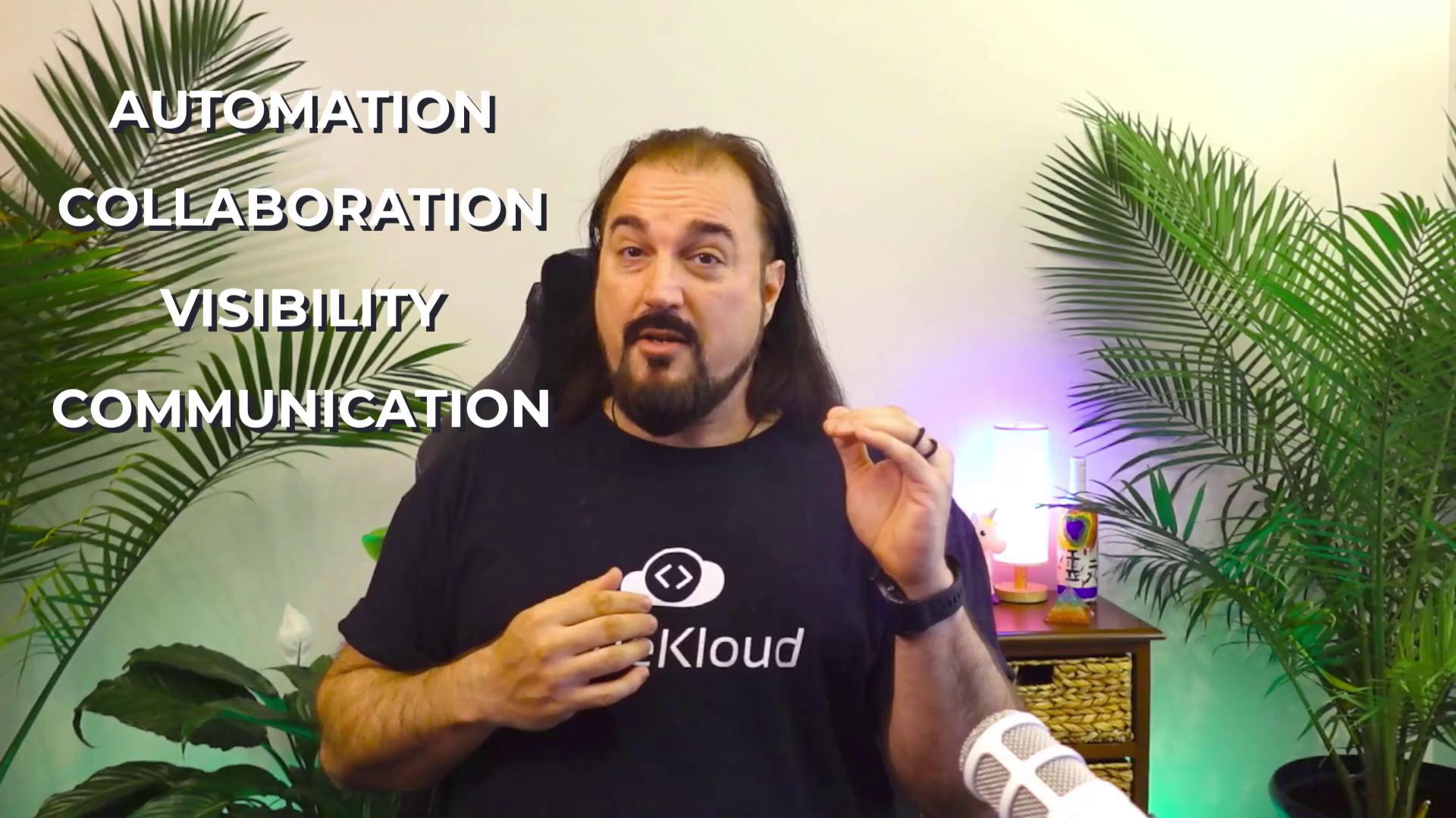 A person is speaking in a room with plants, wearing a "KKloud" shirt. The words "Automation, Collaboration, Visibility, Communication" are displayed beside them.