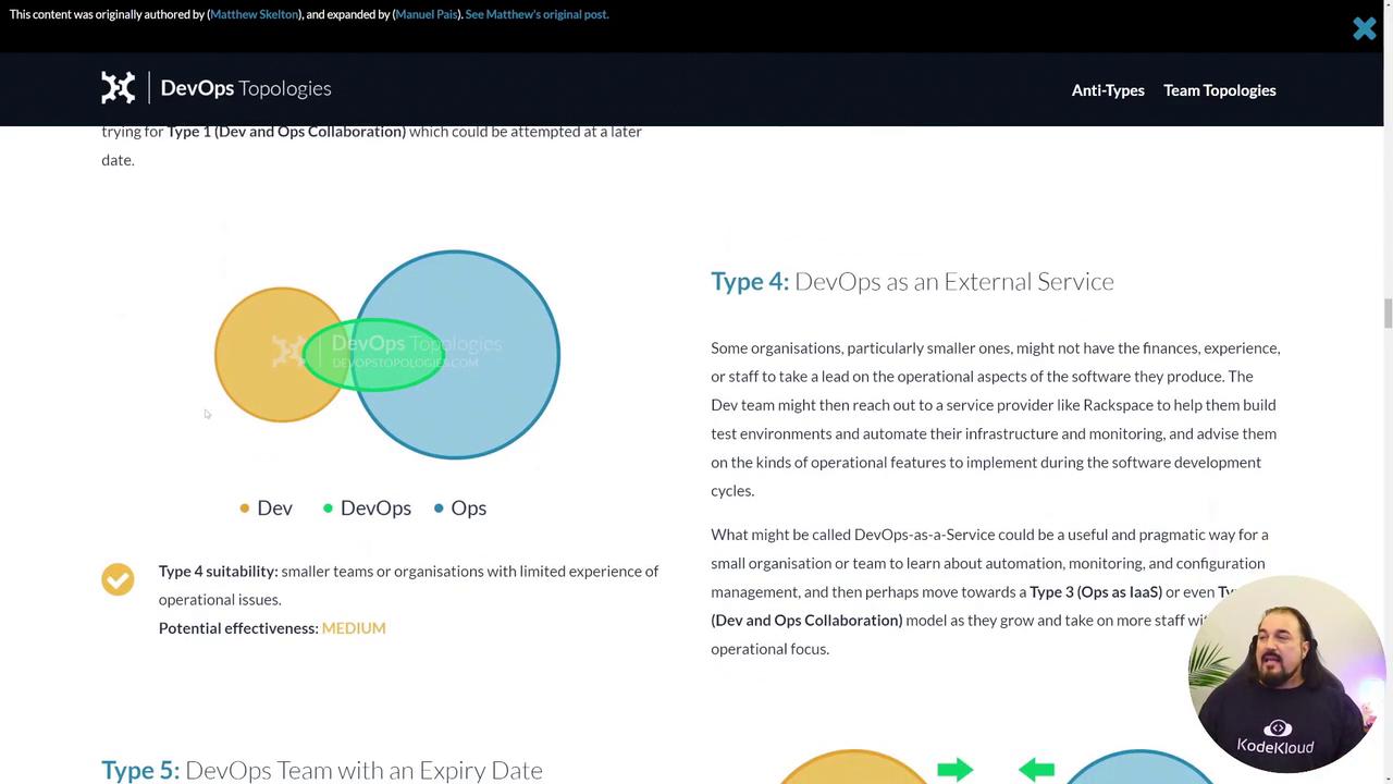 The image explains "Type 4: DevOps as an External Service" with a Venn diagram and text, highlighting its suitability for smaller teams with limited operational experience.