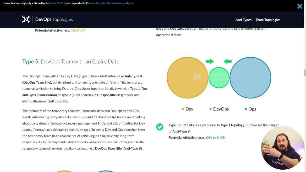 The image describes "Type 5: DevOps Team with an Expiry Date," highlighting its temporary nature and potential transition to other models, with a diagram and a speaker inset.