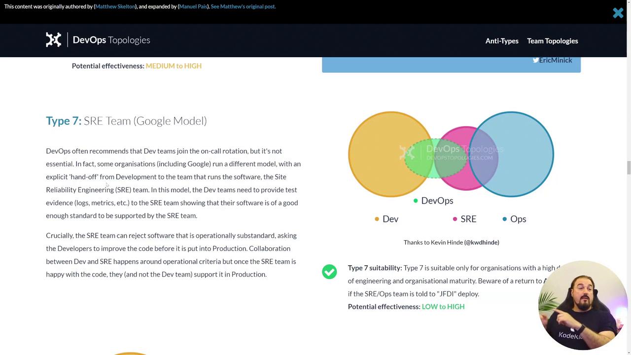 The image describes the SRE Team (Google Model) in DevOps, highlighting team roles and collaboration, with a Venn diagram and a person speaking in the corner.