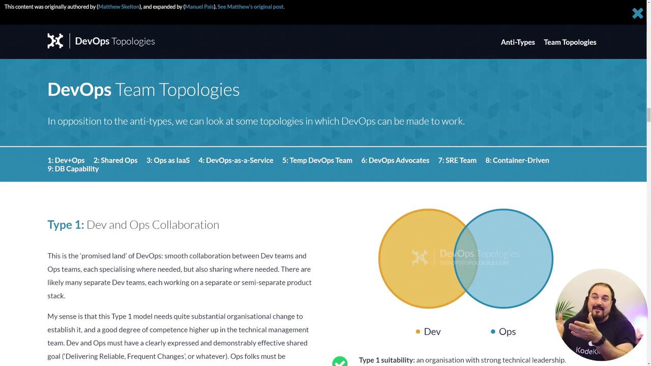 The image is about "DevOps Team Topologies," focusing on Type 1: Dev and Ops Collaboration, featuring a Venn diagram and a person speaking in the corner.