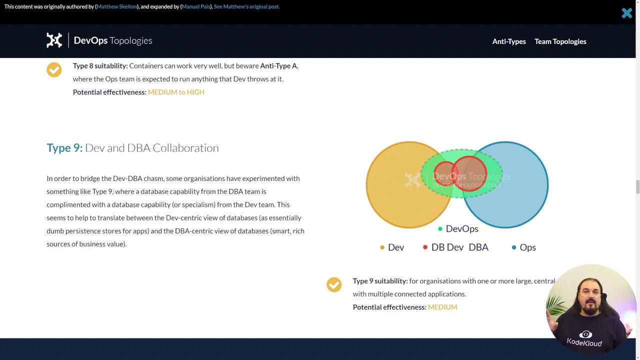 The image explains "Type 9: Dev and DBA Collaboration" in DevOps, featuring a Venn diagram and text on team collaboration and potential effectiveness.