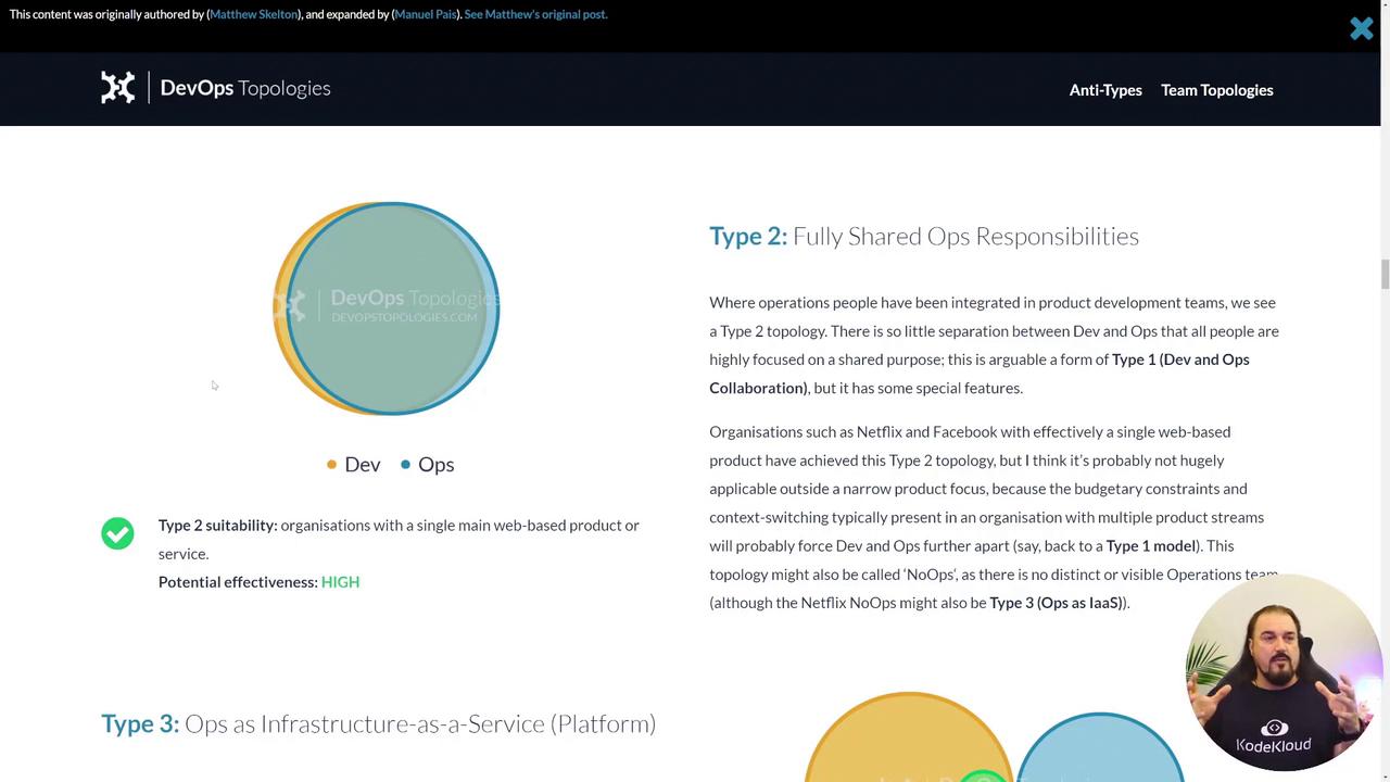 The image describes "Type 2: Fully Shared Ops Responsibilities" in DevOps Topologies, highlighting integration between development and operations teams for organizations with a single web-based product.