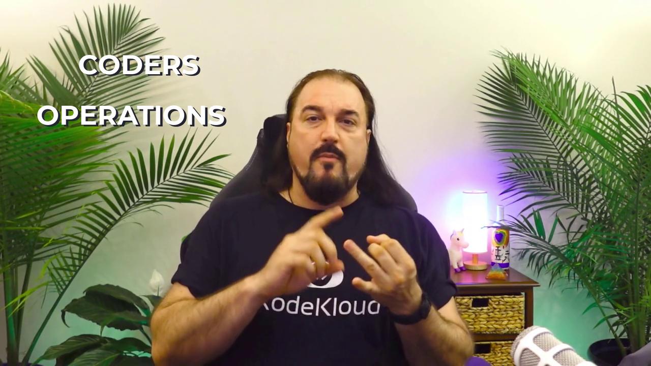 A person is gesturing while sitting between plants, with the words "CODERS" and "OPERATIONS" on the left. A lamp and unicorn figure are on a table.