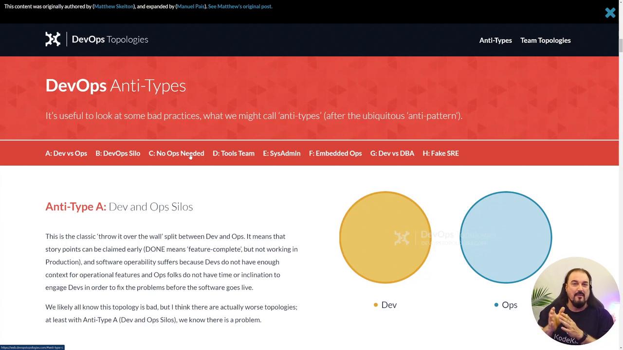 The image discusses "DevOps Anti-Types," focusing on "Dev and Ops Silos" as a bad practice, with a diagram and a speaker in the corner.