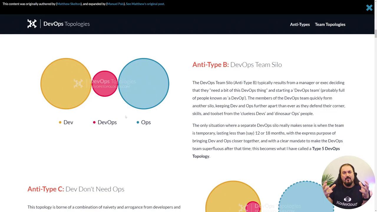 The image illustrates "Anti-Type B: DevOps Team Silo" with a Venn diagram showing separate Dev, DevOps, and Ops teams, alongside explanatory text and a speaker.