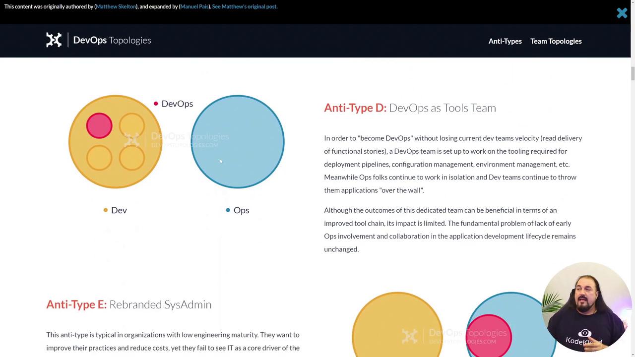 The image explains "Anti-Type D: DevOps as Tools Team" with diagrams and text, highlighting issues in DevOps team structure and collaboration.