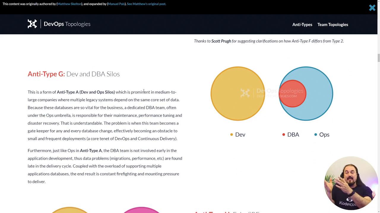 The image describes "Anti-Type G: Dev and DBA Silos" in DevOps, highlighting issues with database management silos hindering deployment efficiency. It includes a Venn diagram and a speaker.