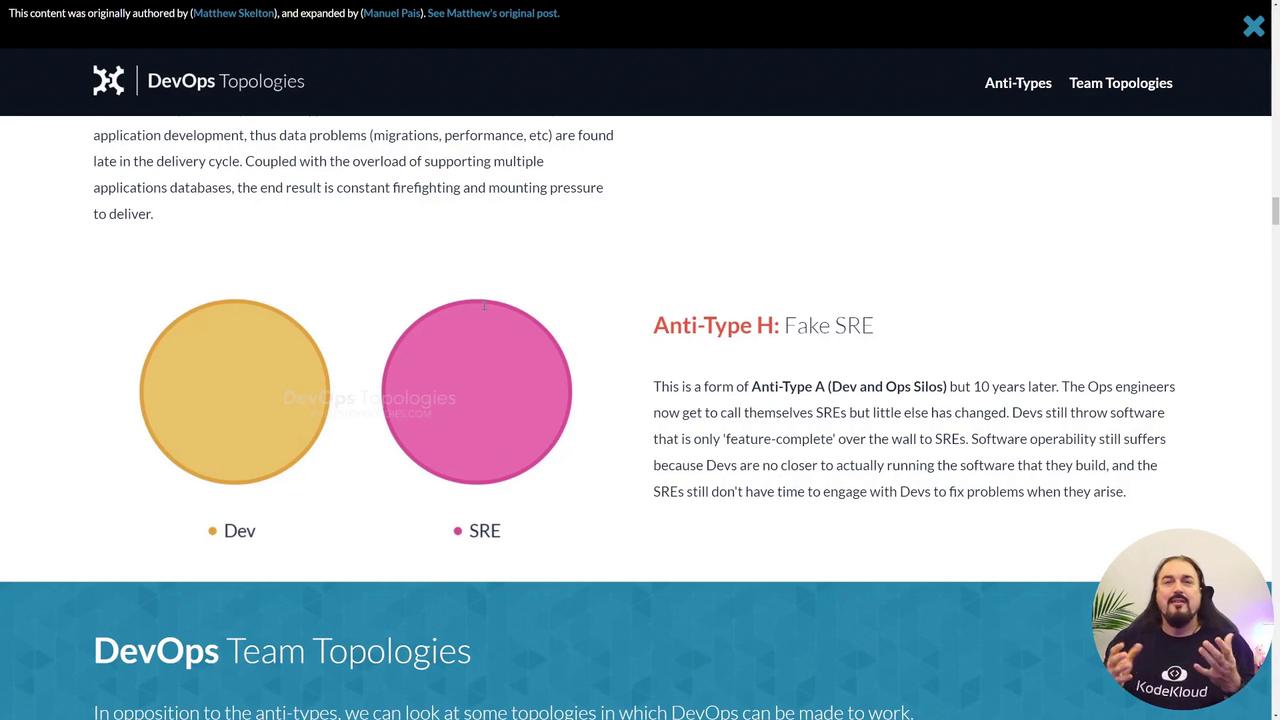 The image describes "Anti-Type H: Fake SRE" in DevOps, highlighting issues with development and operations silos, featuring a diagram and a speaker from KodeKloud.