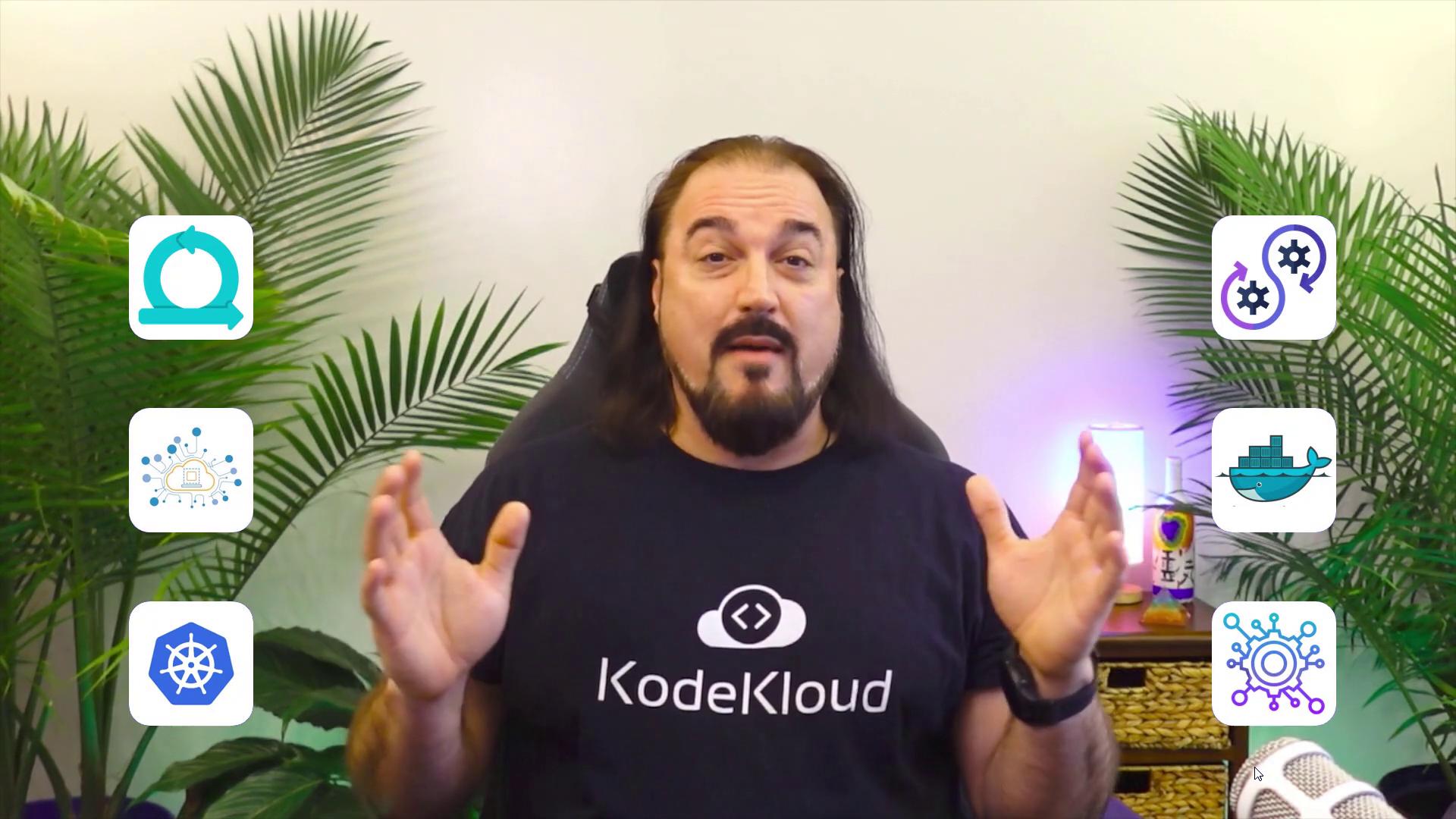 A person wearing a "KodeKloud" shirt is speaking, surrounded by plant decor and icons related to technology and software development.