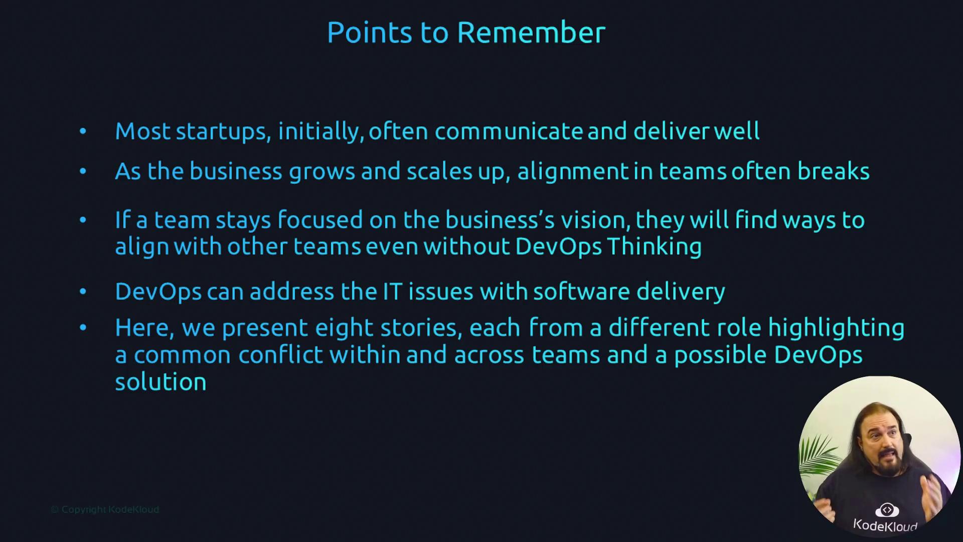 The image lists key points about startup communication, team alignment, and DevOps solutions, with a speaker from KodeKloud discussing these topics.