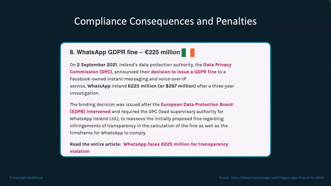 The image describes a €225 million GDPR fine imposed on WhatsApp by Ireland's Data Privacy Commission for transparency violations. It mentions the involvement of the European Data Protection Board in reassessing the fine.