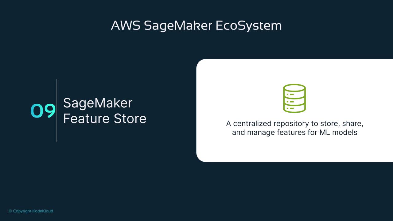 The image is a slide from a presentation about the AWS SageMaker Ecosystem, specifically focusing on the SageMaker Feature Store, which is described as a centralized repository for storing, sharing, and managing features for ML models.