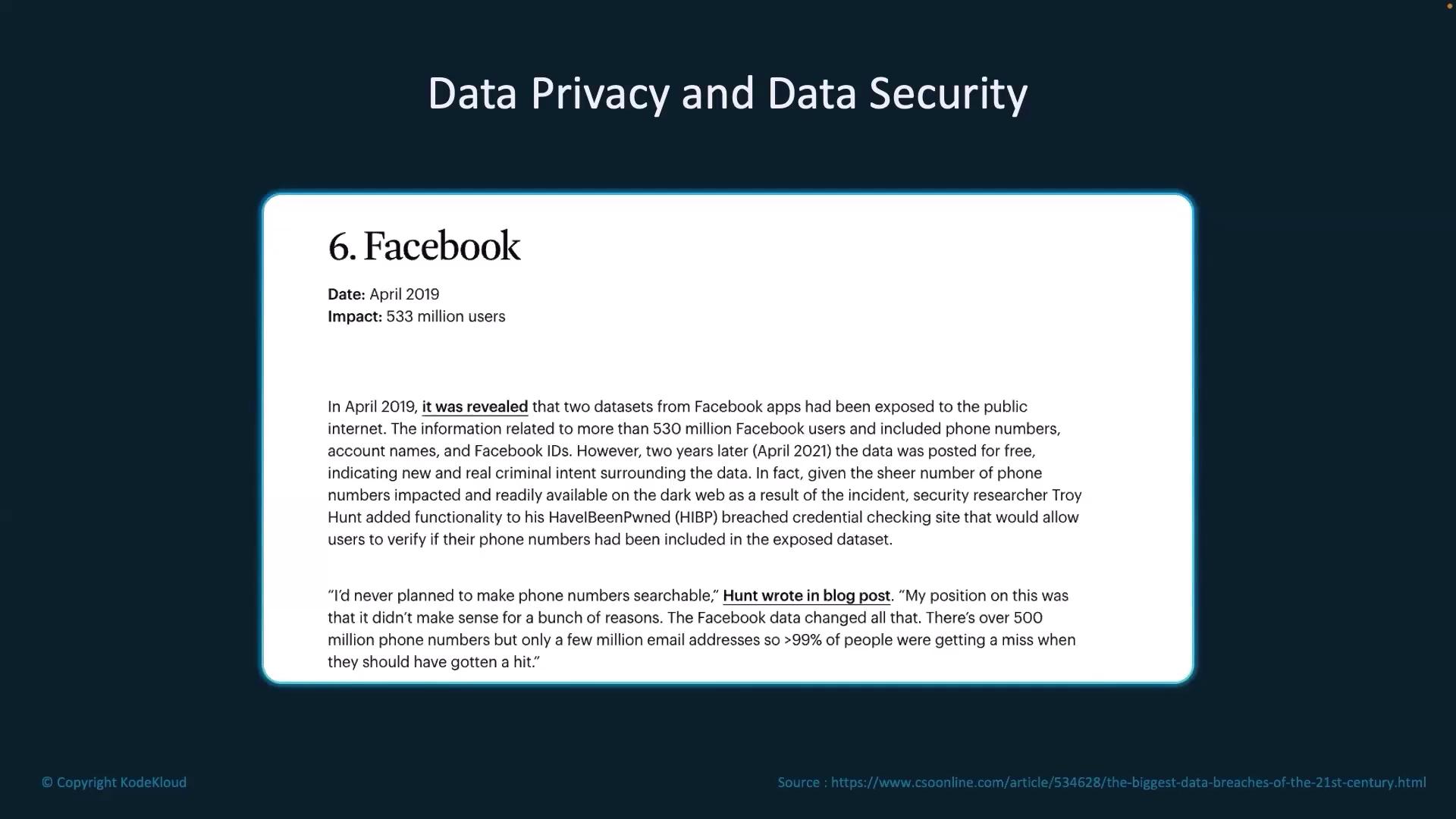 The image discusses a data breach involving Facebook in April 2019, impacting 533 million users, with details about the exposure of datasets containing personal information.