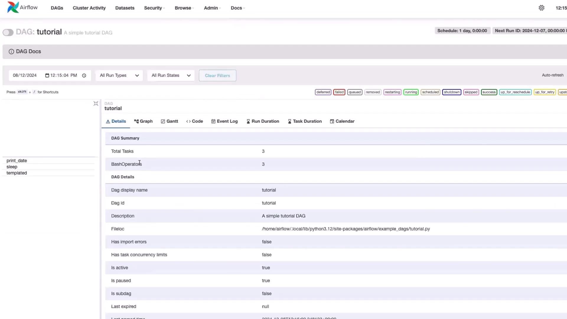 The image shows an Apache Airflow web interface displaying details of a DAG named "tutorial," including task summaries and DAG details.