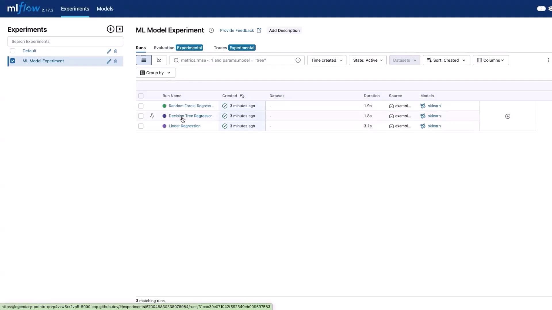 The image shows an MLflow interface displaying a list of machine learning experiment runs, including Random Forest, Decision Tree, and Linear Regression models, with details like creation time and duration.