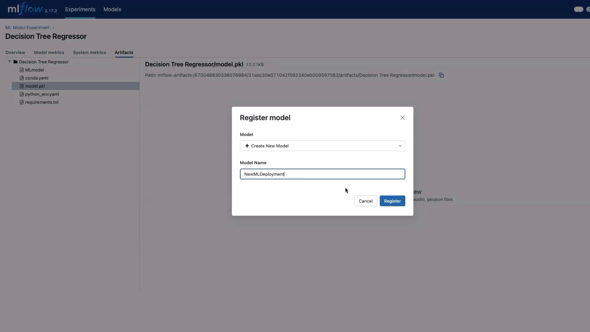 The image shows an MLflow interface with a "Register model" dialog box open, where a model named "NewMLDeployment" is being registered. The background displays a list of artifacts related to a "Decision Tree Regressor" experiment.