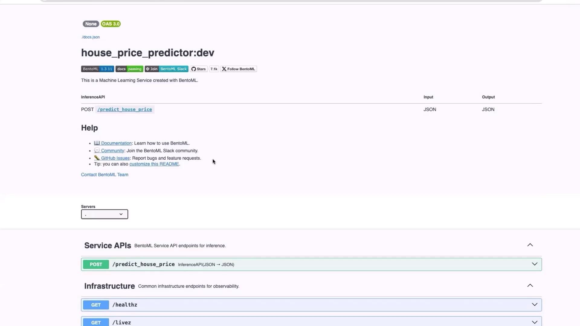 The image shows a web interface for a machine learning service called "house_price_predictor:dev" created with BentoML, featuring API endpoints for predicting house prices and infrastructure observability.