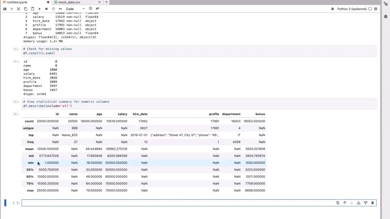 The image shows a Jupyter Notebook interface displaying Python code and output, including a summary of missing values and a statistical summary of a dataset's numeric columns using Pandas.