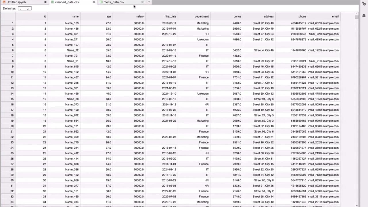 The image shows a spreadsheet titled "mock_data.csv" with columns for ID, name, age, salary, hire date, department, bonus, address, phone, and email. It contains various entries with corresponding data.