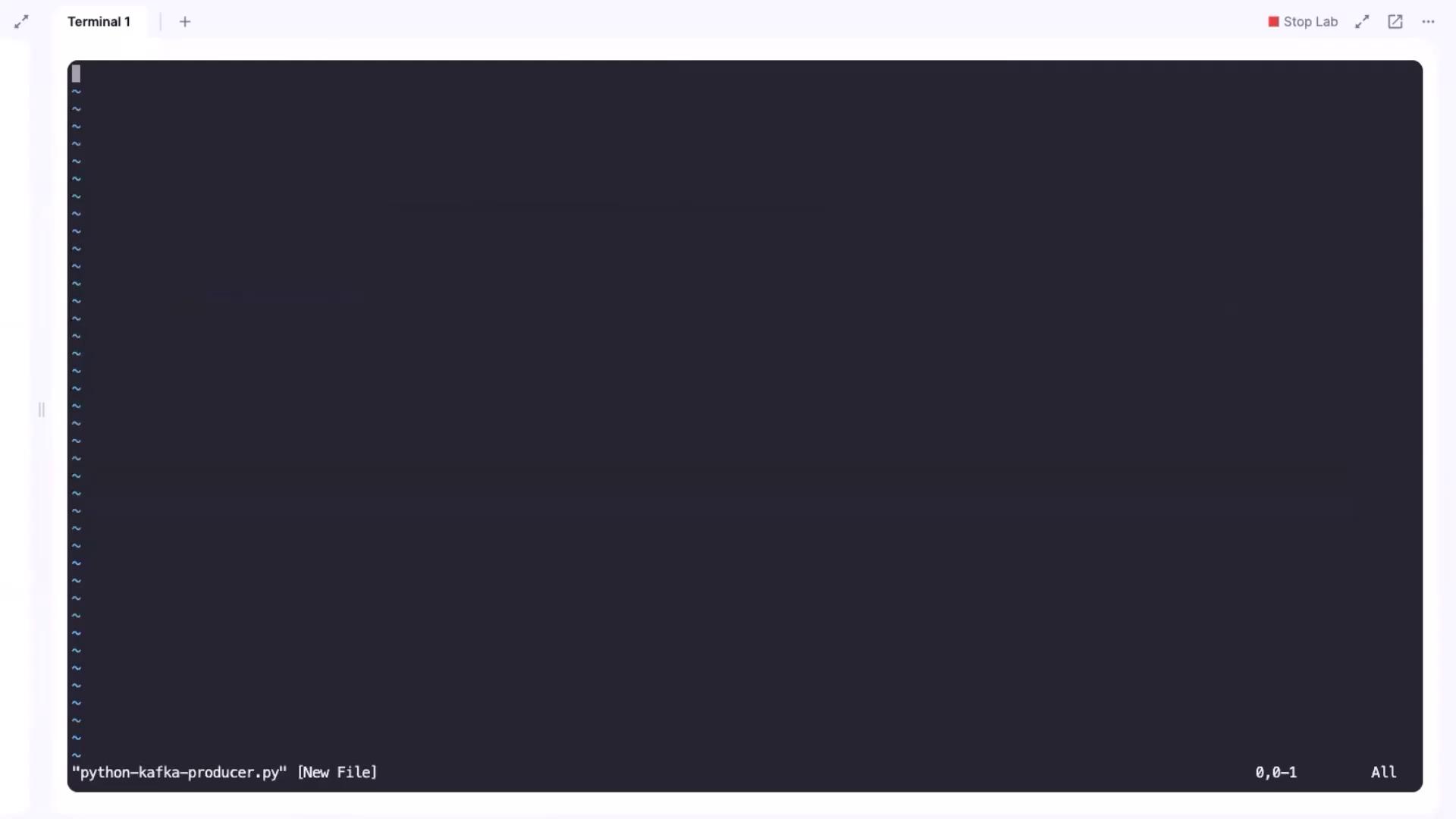 The image shows a terminal window with a new file named "python-kafka-producer.py" open, displaying a blank screen with tilde symbols on the left.