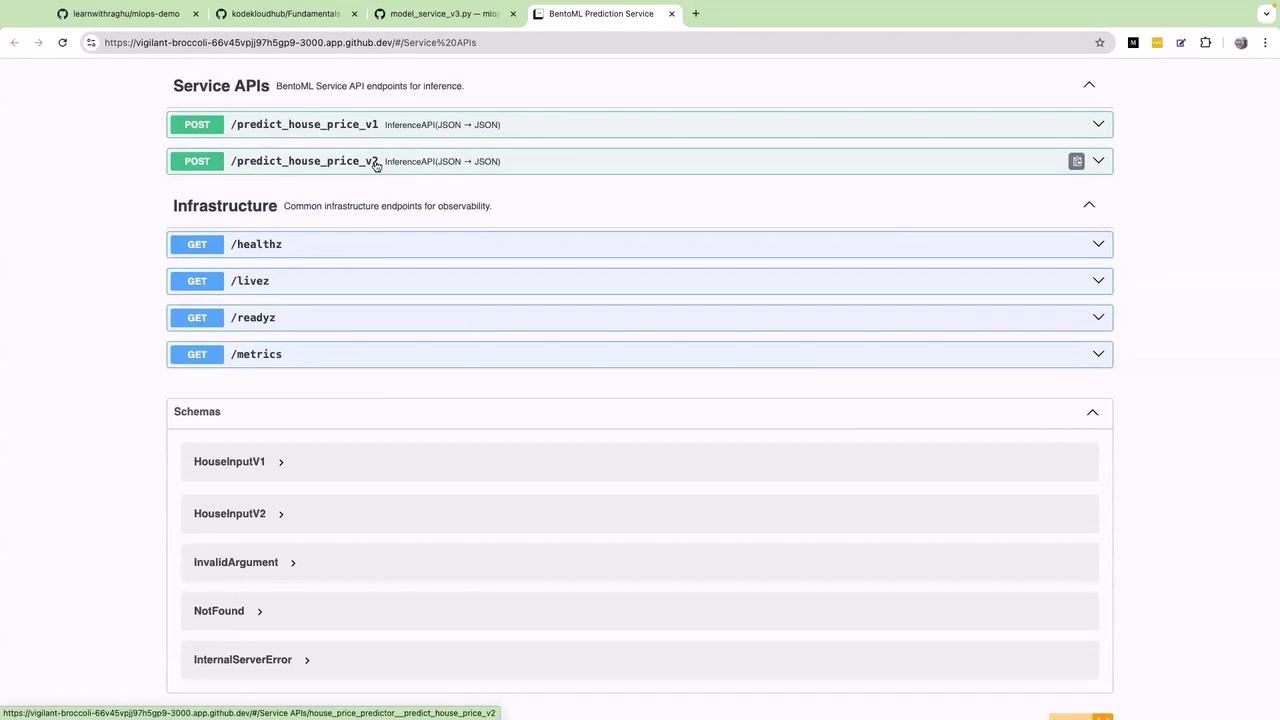 The image shows a web interface for a BentoML Prediction Service, displaying API endpoints for house price prediction and infrastructure observability. It includes sections for service APIs, infrastructure endpoints, and schemas.