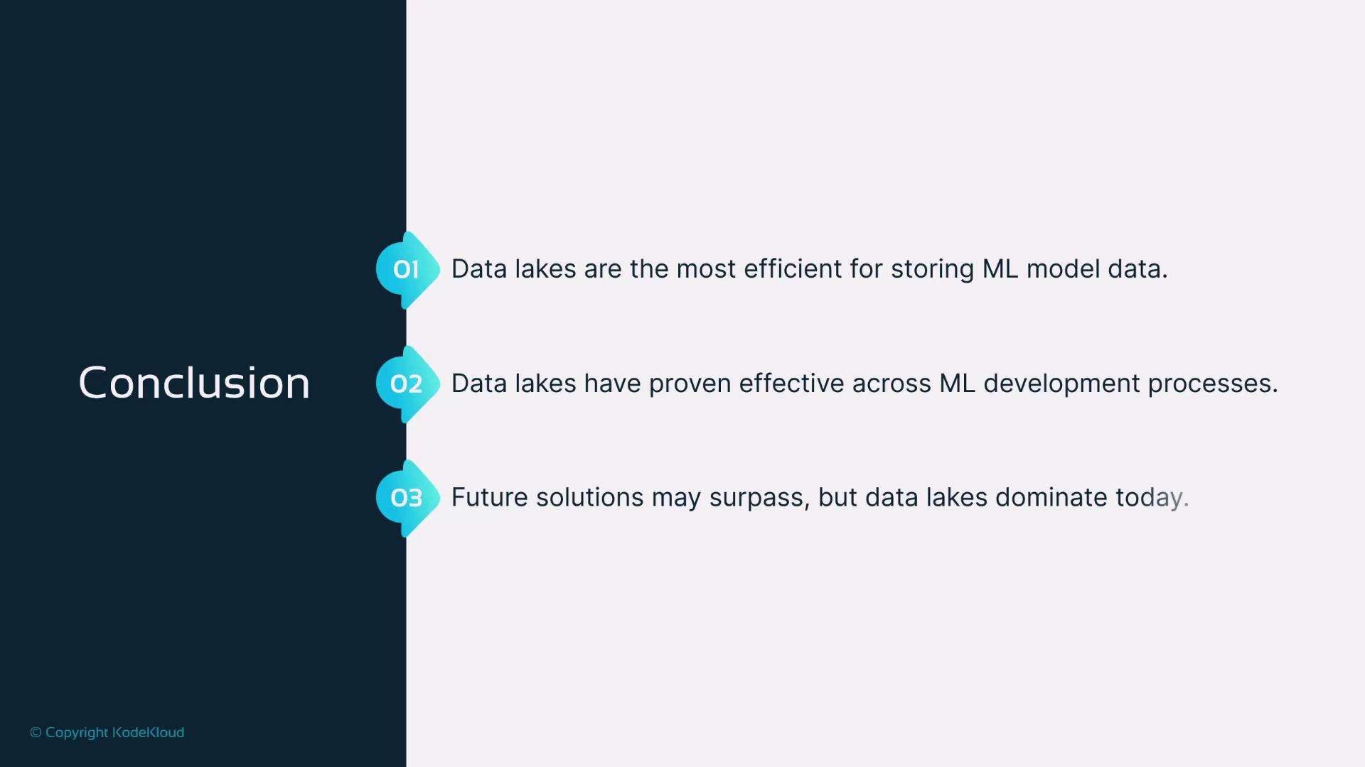 The image is a conclusion slide highlighting the efficiency and effectiveness of data lakes in storing machine learning model data and their current dominance, with a note on potential future solutions.