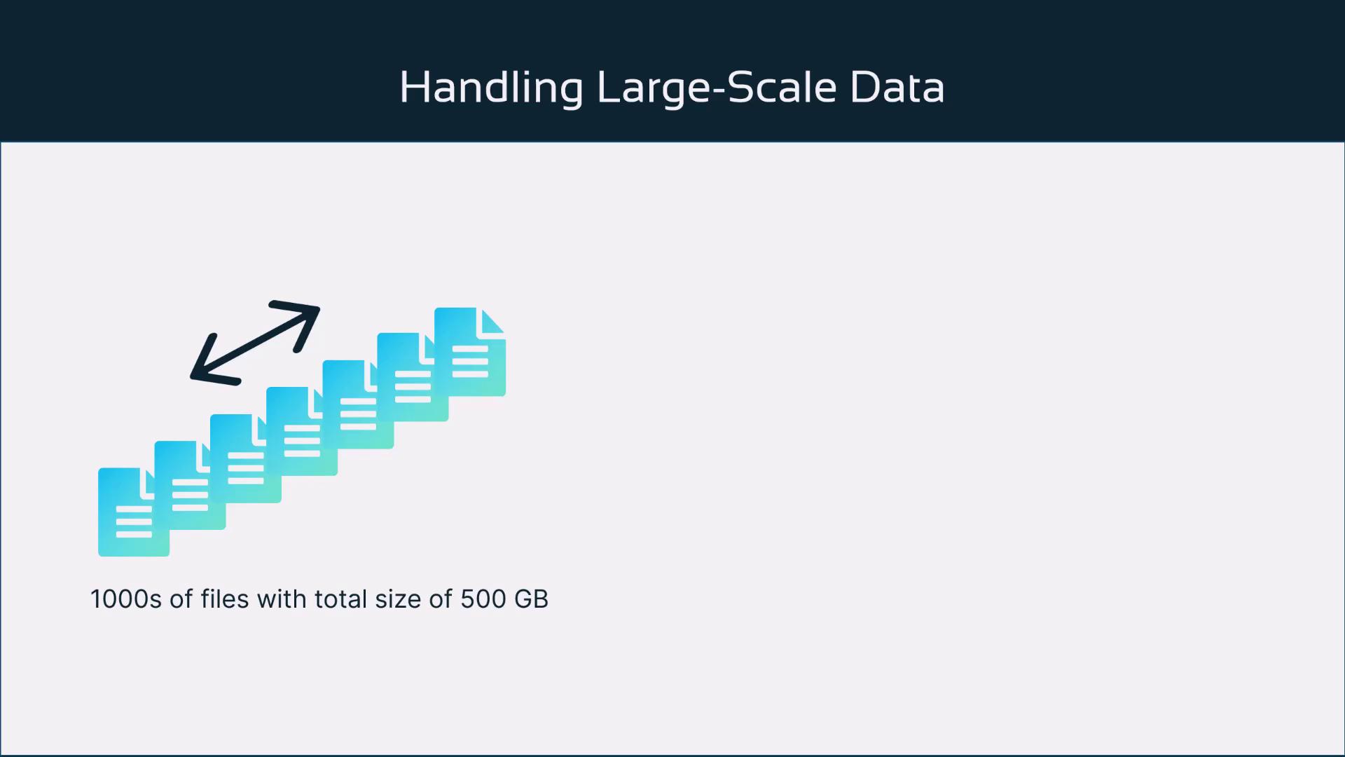 The image is a presentation slide titled "Handling Large-Scale Data," showing an icon of multiple files with an arrow indicating scale, and text stating "1000s of files with total size of 500 GB."