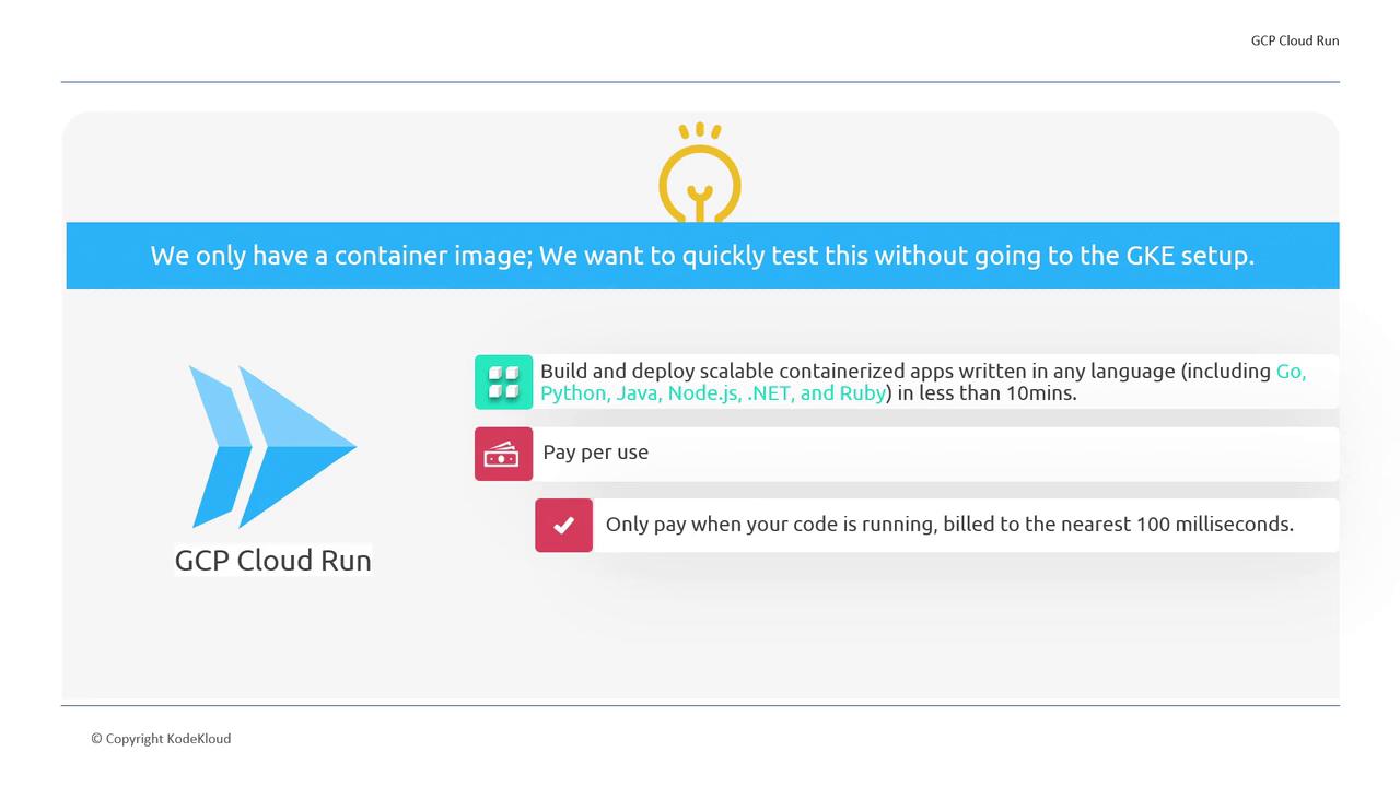 The image is an informational graphic about GCP Cloud Run, highlighting its features such as quick deployment of containerized apps in various languages, pay-per-use billing, and charges based on code execution time.