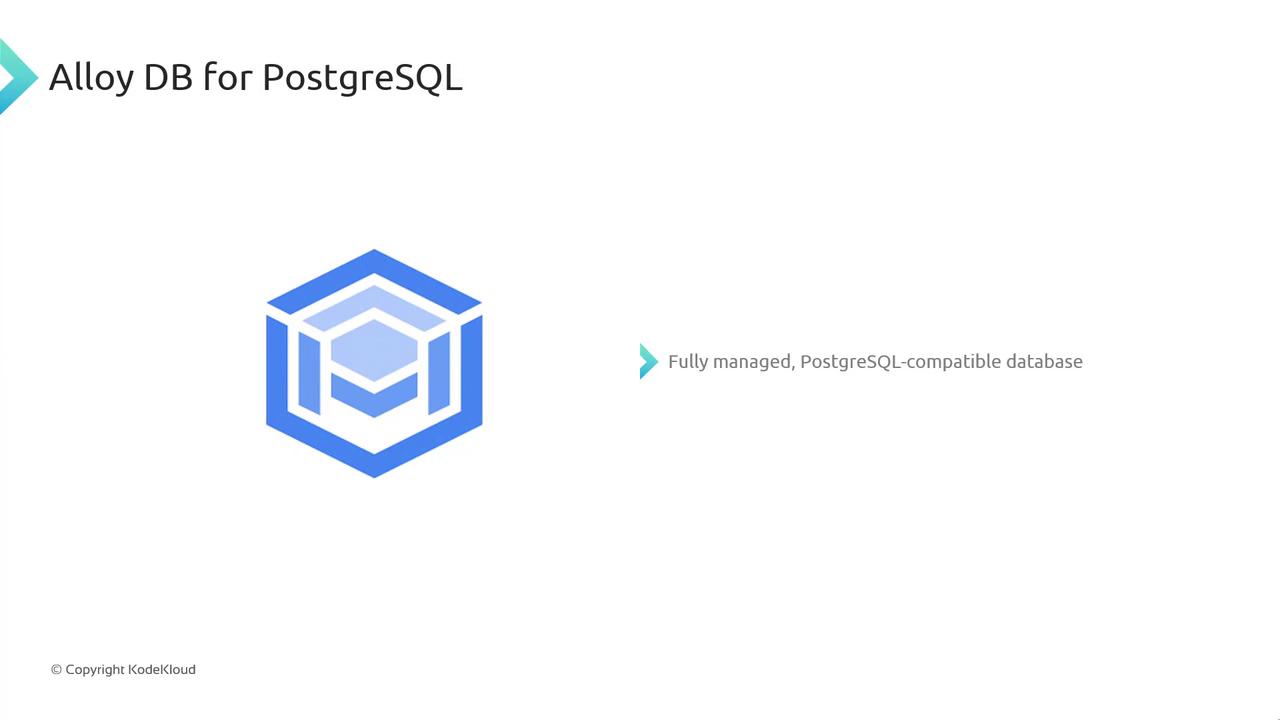 The image features the text "Alloy DB for PostgreSQL" with a blue geometric logo and a description stating it is a "fully managed, PostgreSQL-compatible database."