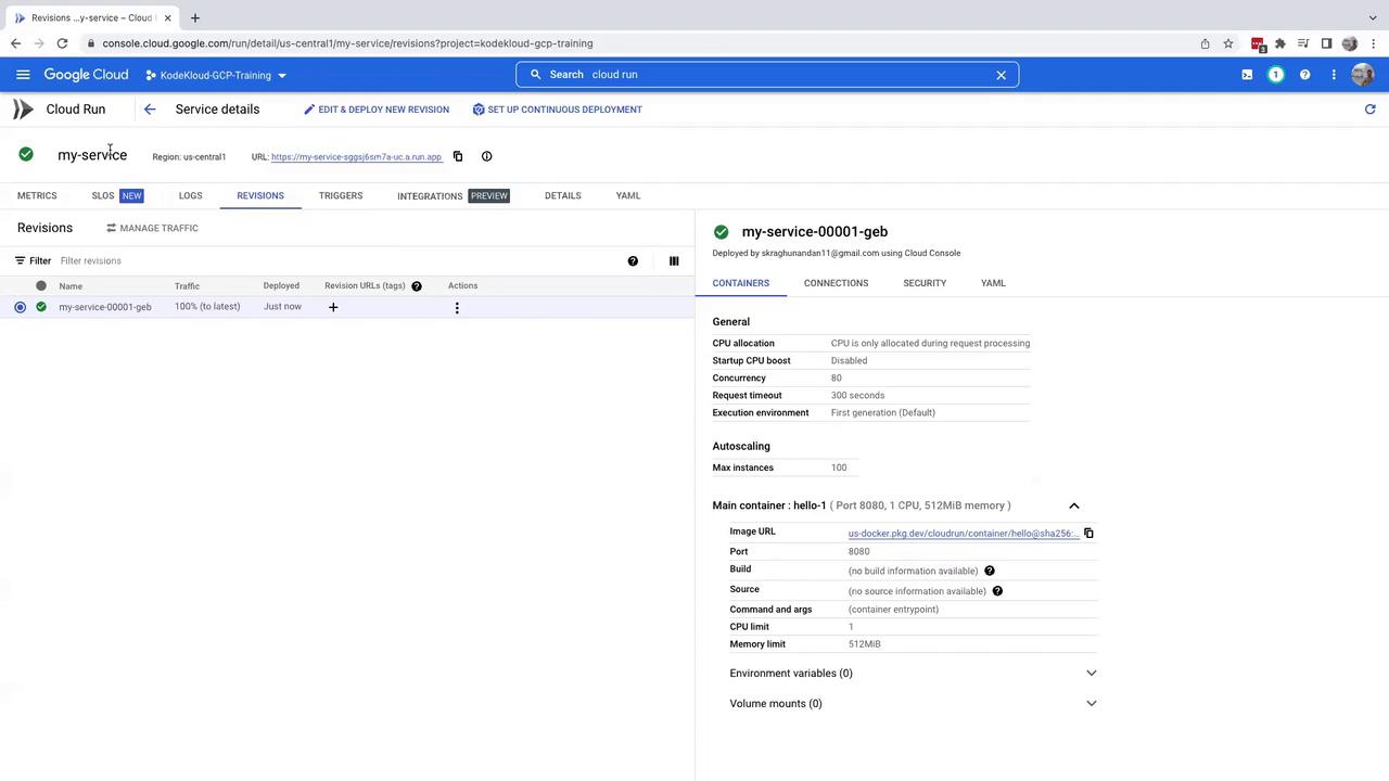 The image shows a Google Cloud Console interface for Cloud Run, displaying details of a service revision named "my-service-00001-geb," including configuration settings like CPU allocation, concurrency, and autoscaling.