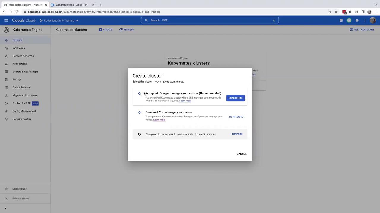 The image shows a Google Cloud Platform interface for creating a Kubernetes cluster, offering options for "Autopilot" and "Standard" cluster modes. The user can configure or compare these options.
