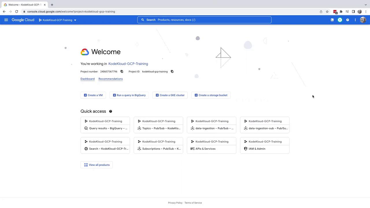 The image shows the Google Cloud Platform console with a welcome screen for the "KodeKloud-GCP-Training" project. It includes options for creating a VM, running a query in BigQuery, and quick access to various project resources.