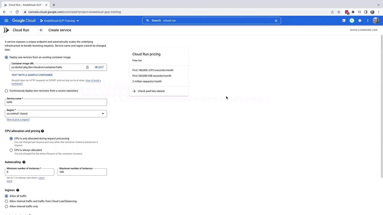 The image shows a Google Cloud Platform interface for creating a Cloud Run service, with options for container image URL, service name, region, CPU allocation, autoscaling, and ingress settings.