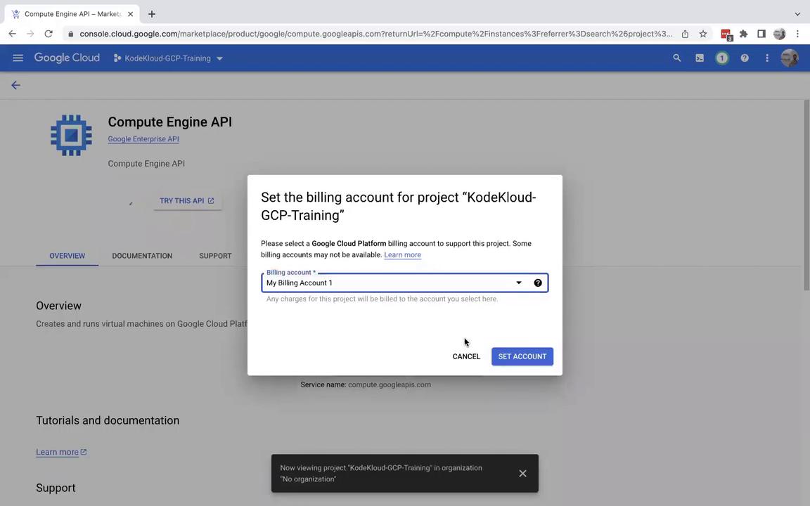 The image shows a Google Cloud Platform interface where a billing account is being set for a project named "KodeKloud-GCP-Training." A pop-up window prompts the user to select a billing account.