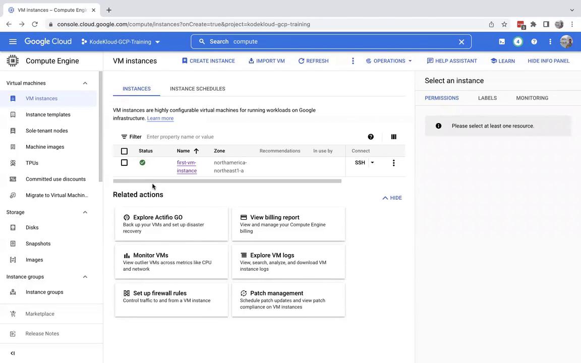 The image shows the Google Cloud Platform console, specifically the Compute Engine section, displaying a list of VM instances with options for managing and monitoring them.
