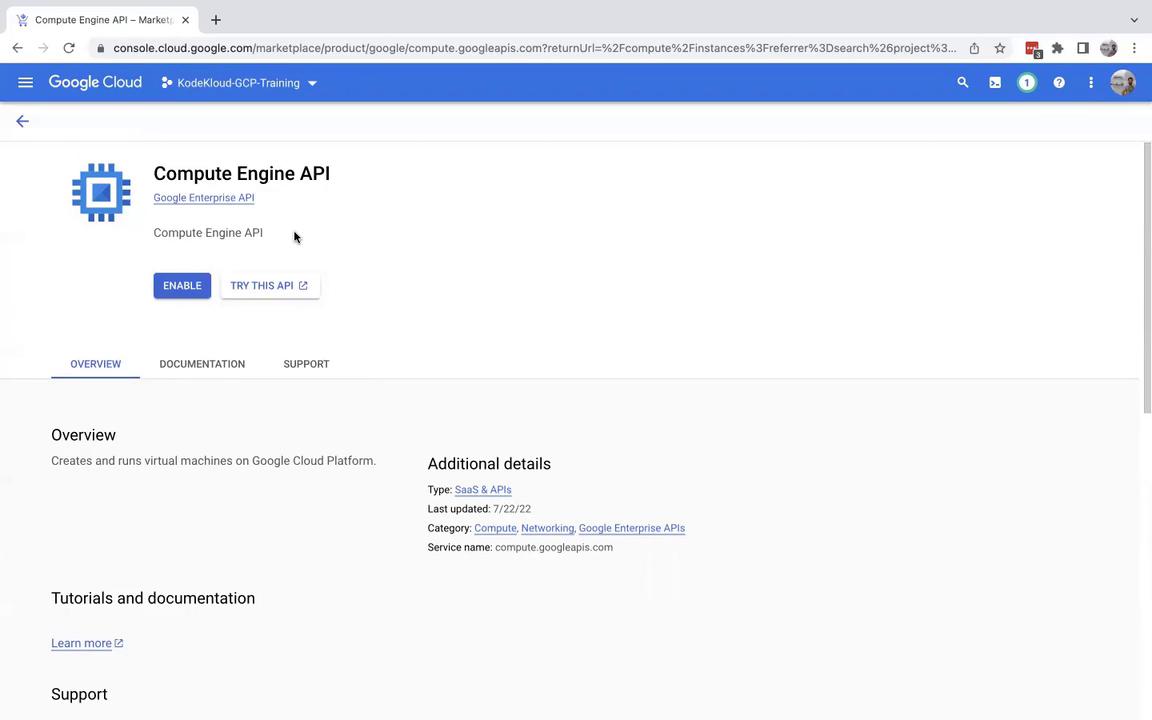 The image shows the Google Cloud Console interface for the Compute Engine API, with options to enable or try the API, and includes an overview and additional details about the service.